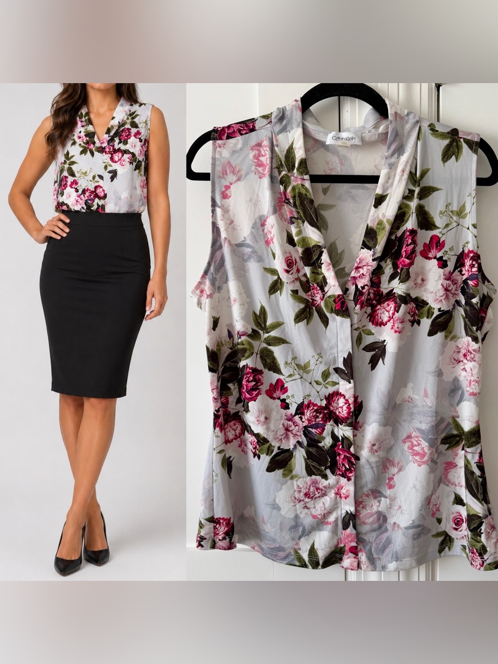 Calvin Klein Floral V-Neck Sleeveless Blouse Top Gray Sz L